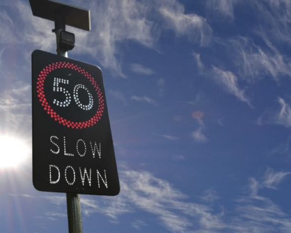 50km slow down solar powered road sign